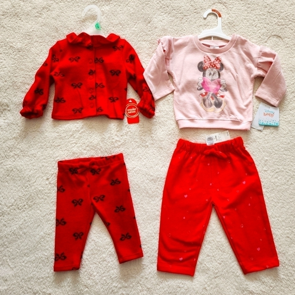 Baby girl Christmas & Valentine's Day Minnie Mouse outfit bundle, size 6/9 month